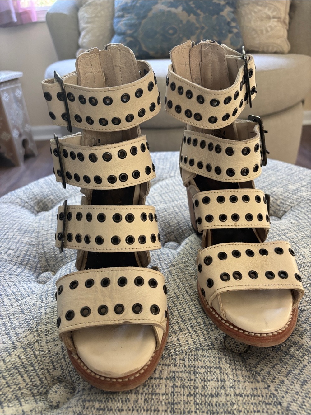 Freebird by Steven Cream Strappy Grommet Heels
